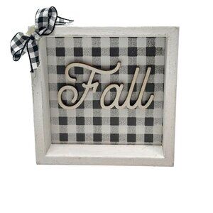Mini Fall Buffalo Plaid Wood Sign Farmhouse Decor Black White Gingham Bow Autumn